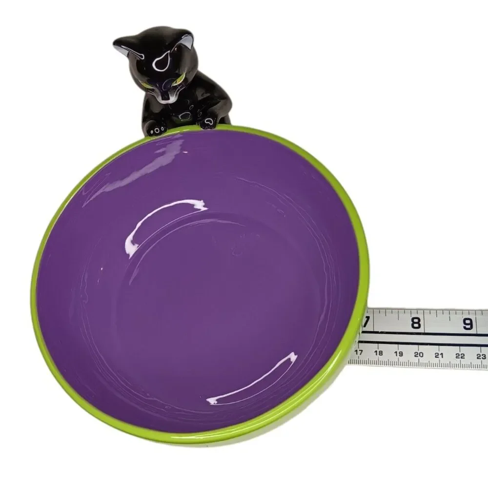 Halloween Black Cat Purple & Green Ceramic Candy Bowl By Harry & David VTG 2005